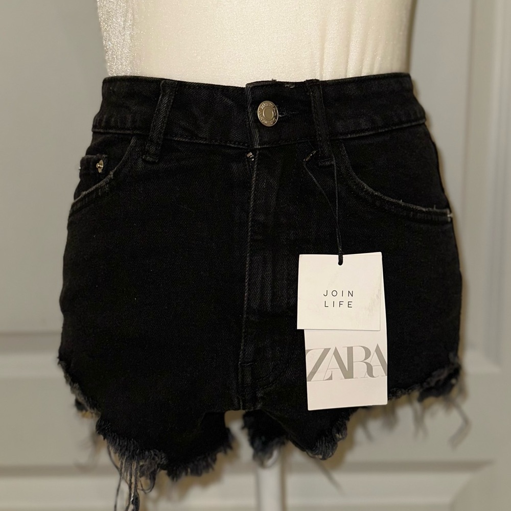 Zara black denim ripped hem shorts